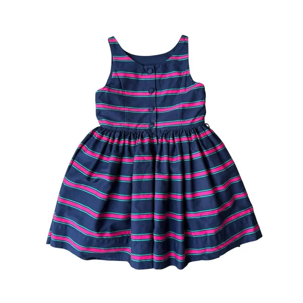 Ralph Lauren Navy Blue Striped Button Back Fit And Flare Dress Size 8 Girls